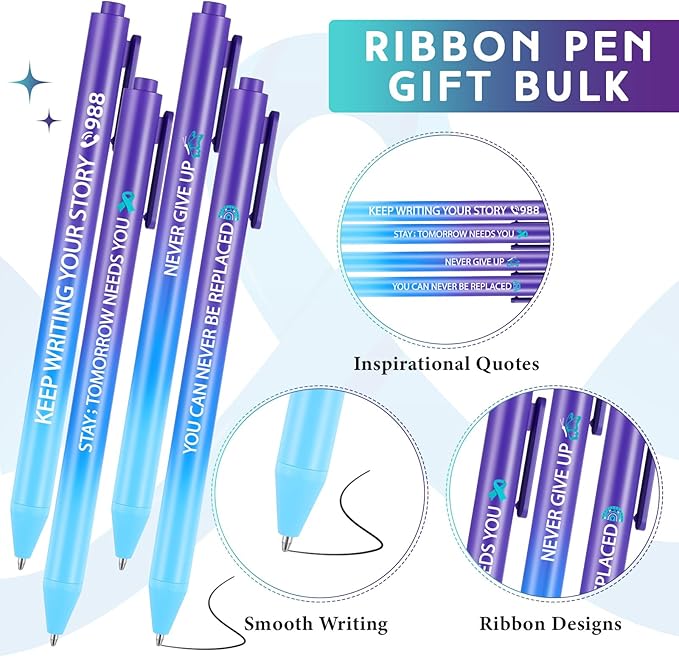 Jetec 100 Pcs Suicide Prevention Awareness Ribbon Pens Bulk Black Ink Retractable Fine Tip Ballpoint Pens with Gradient Color for Charity Volunteers Activity (Suicide Prevention)