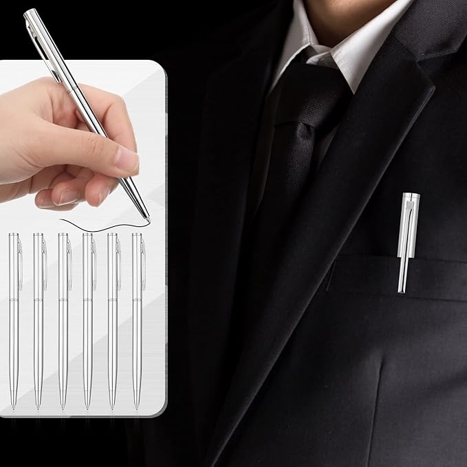 Lincia 100 Pieces Silver Slim Metal Ballpoint Pen 1 mm Medium Black Ink Smooth Writing Silver Retractable Point Metal Pen for Office Business Students Teachers Wedding Guest(Stylish)