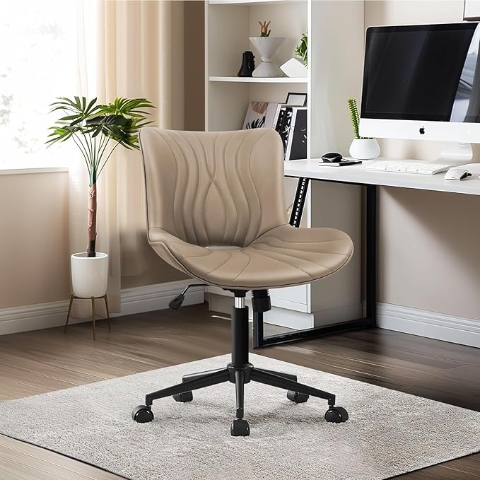Office Chair, Armless Desk Chair with Wheels, Ergonomic Comfy Home Office Computer Task Chairs,Faux Leather Padded Cute Vanity Chair, Adjustable Height Swivel Chair with Back, Khaki