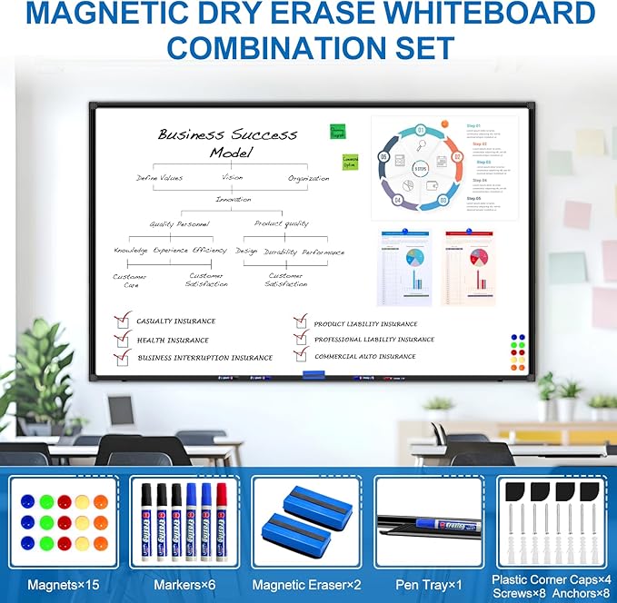 H-Qprobd 6'x4' Large Magnetic White Board Dry Erase Whiteboard with Black Aluminum Frame, 72"X48" Magnet Presentation Wall Boards for Office, Classroom, School, Home