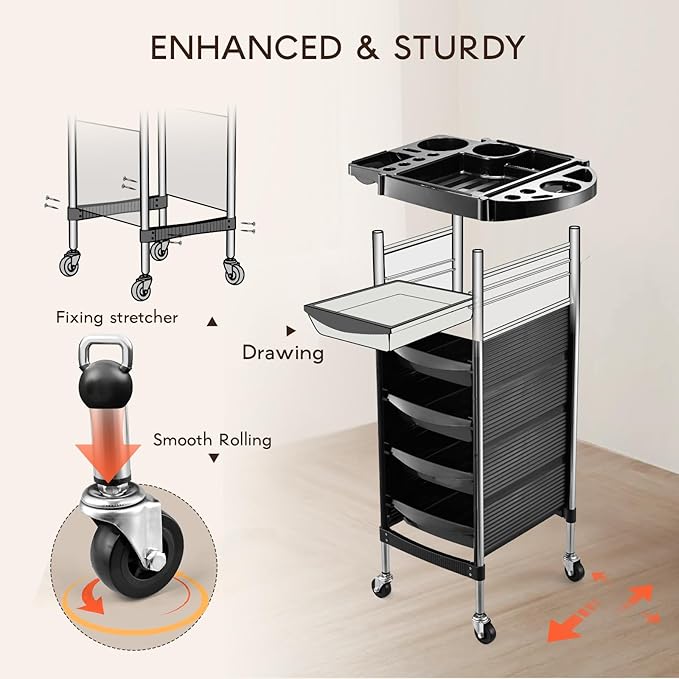 Salon Trolley Cart for Hair Stylist, Beauty Rolling Hair Salon Cart Rack with Worktop, Portable Salon Station with 5 Drawers, Professional Beautician’s Equipment Cart with Wheels for Salon/Spa/Tattoo