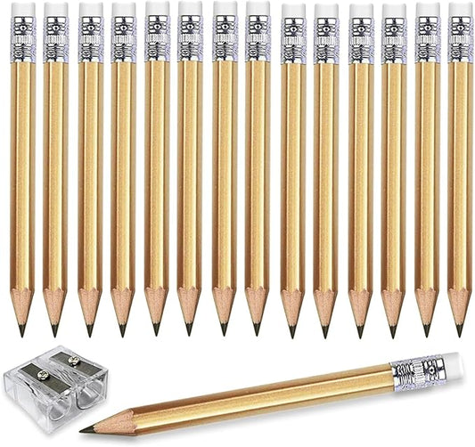 Adhere 25pcs Golf Pencils with eraser Hexagon Wooden Pencils Graphite 2B for Golf Event Scoring,Classroom,Wedding,Company Meetings,Pew, Pocket (Gold)