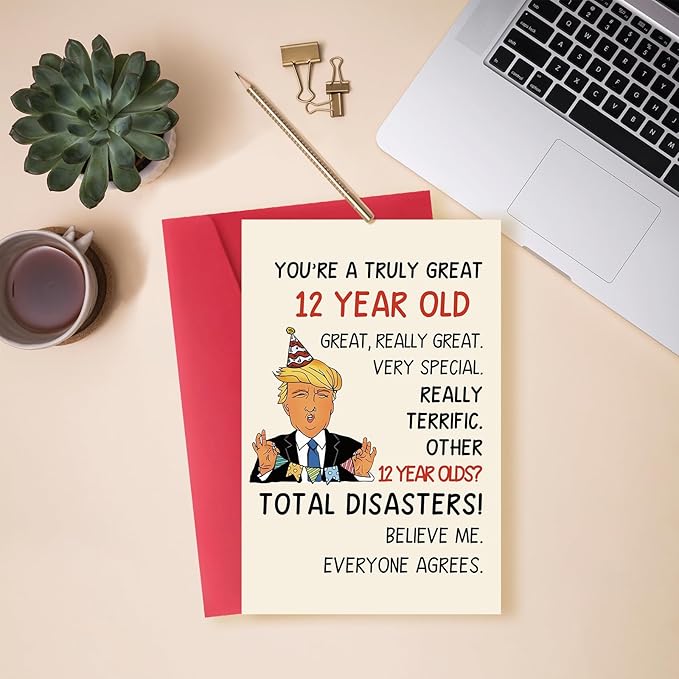 Happy Trump 12th Birthday Card for Boys Girls, Funny 12 Year Old Birthday Gifts for Daughter Son, Humor 12 Bday Decorations for Him Her