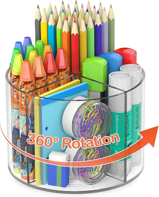 Acrylic Pen Holder, 360 Degree Marker Organizer for Desk, Rotating Desk Storage With 4 Compartments, Art Supply Crayon Holder for Office School Home, Clear
