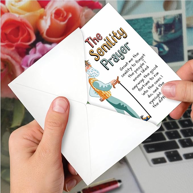 NobleWorks - 1 Funny Happy Birthday Notecard - Old Man Humor Greeting Card with Envelope - Man's Senility Prayer C9348BDG