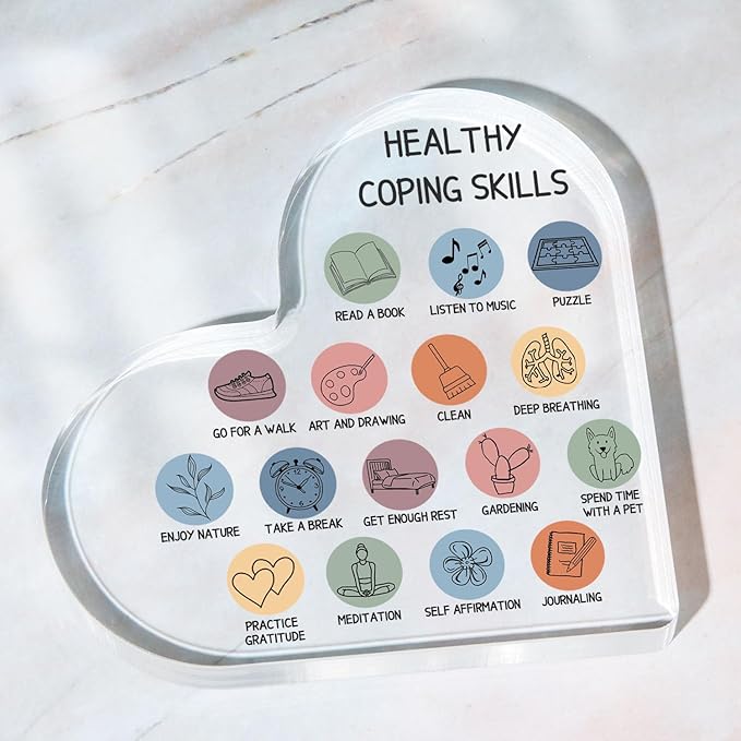 Therapy Office Decor, Anxiety Healthy Coping Skills Mental Health Decorations for Social Worker Classroom School Counseling Therapist Supplies Educational Acrylic Heart Art Decor