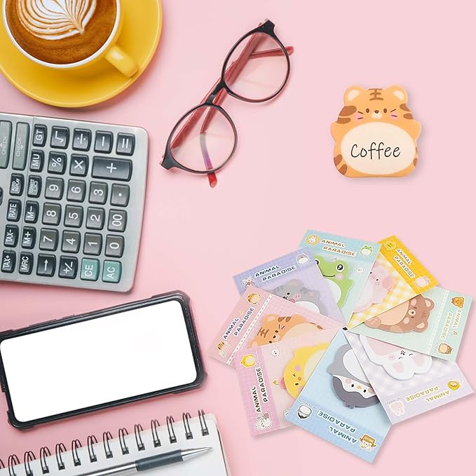 8 Packs Kawaii Tiger Sticky Notes, Aesthetic Sticky Notes Set, Cartoon Inspirational Sticky Notes, Animals Shape Markers, Cute Anime Sticky Note Tabs for Office School Creative Gifts