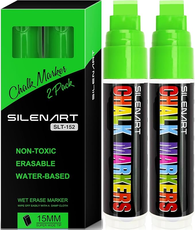 SILENART Thick Chalk Markers Green - 15mm Jumbo Tip Car Marker - Wide Window Chalk Pen for Chalkboard, Window, Glass, Mirror, Blackboard