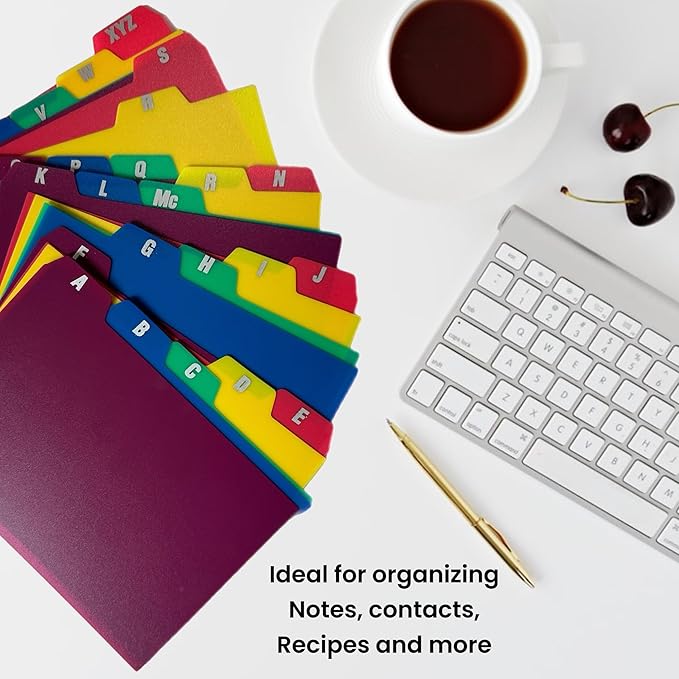 25 A-Z Tabbed 4x6 Index Card Guides in 5 Colors Durable Poly Note Divider Organizer Recipes Office School Home