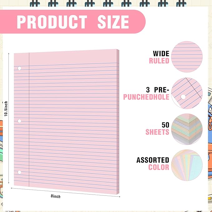 PerKoop 12 Pack 600 Sheets Colored Lined Paper Bulk Wide Ruled 8 x 10.5 Inches, Pastel Loose Leaf Notebook Paper 3 Hole Punched Filler for Back School Classroom Supplies(Light Color)