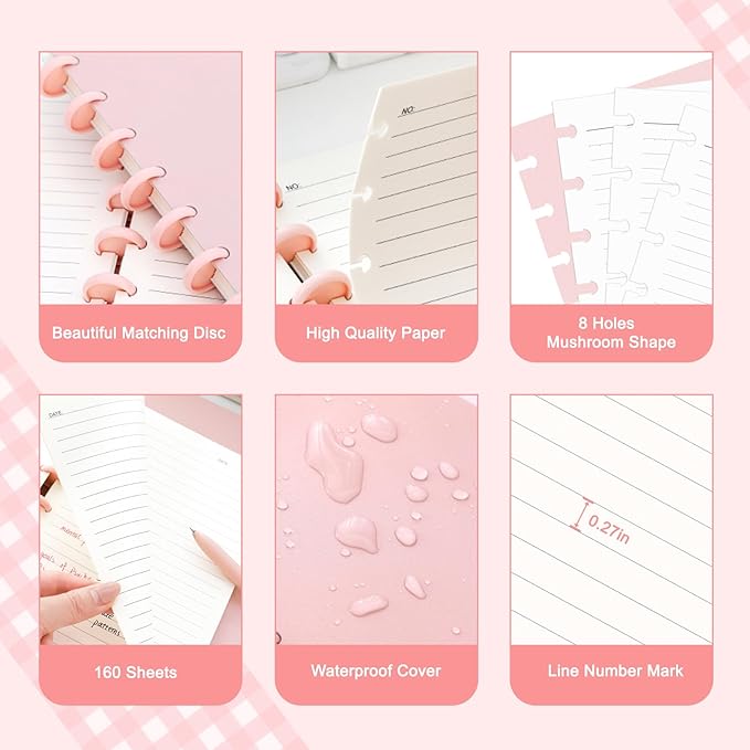 Discbound Notebook, 8-Disc Disbound Planner with Removable Pages, 180 Pages Spiral Notebook, Poly Cover Discbound Planner for Work, Travel, Note Taking(With Index Sticker),Pink,A4