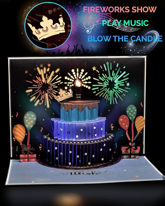 3D Pop Up Happy Birthday Cards for Men – LED Fireworks & Music with Blow The Candle, Gold Crown, 3D Balloons, Blue Design - Happy Birthday Card for Him - Dad, Husband, Boys & Son (8.27" x 5.27")