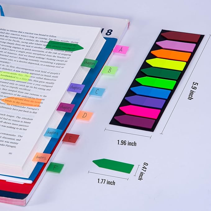 Golcellia 1200 Pieces Sticky Tabs Page Markers, Book Tabs Arrow Flags Colored Writable and Repositionable Book Markers, (10 Colors, 6 Sets) Book Annotation Tabs Supplies