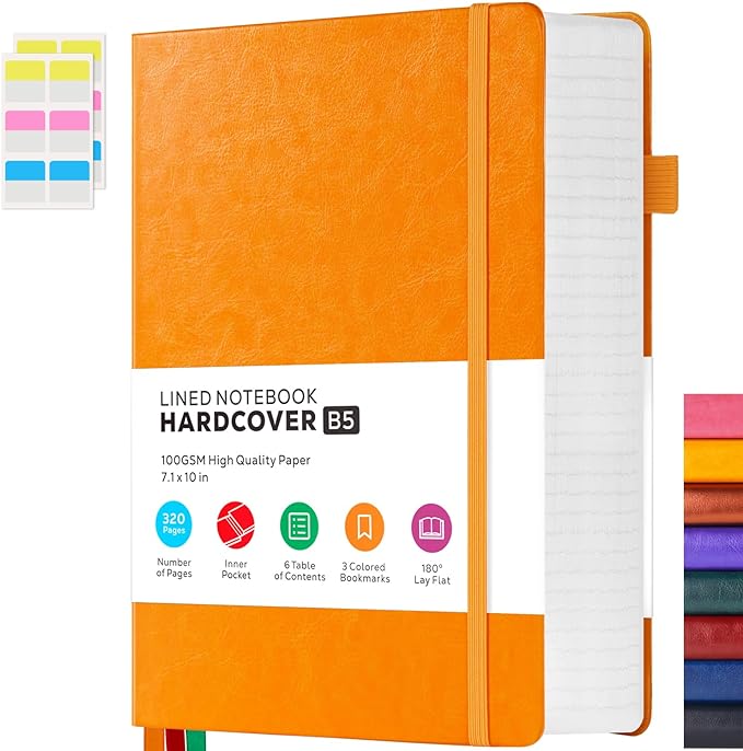 Leather Lined Notebook Journal, 320 Pages Hardcover Notebook Journals for Writing Note Taking Women & Men, B5 (7.1'' X 10'') College Ruled Daily Notebook Journal, Orange