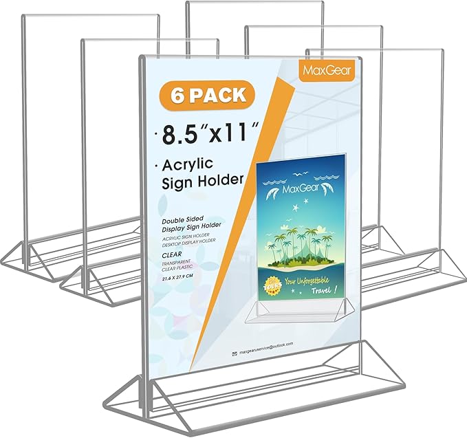 MaxGear 8.5 X 11 Acrylic Sign Holder 6pack, Clear Display Stand Plastic Paper Stand, Double Sided Picture Stands for Table, Vertical Menu Stand Flyer Display for Stores, Restaurants, Hotels, Office