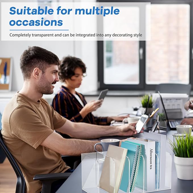 Suzile Clear Acrylic Magazine File Holder with Vertical Compartments Desk Organizer Book Rack for Desk Sorter Paper Folder Office Accessories(Clear,14.2 x 7.2 x 6.5 Inch)