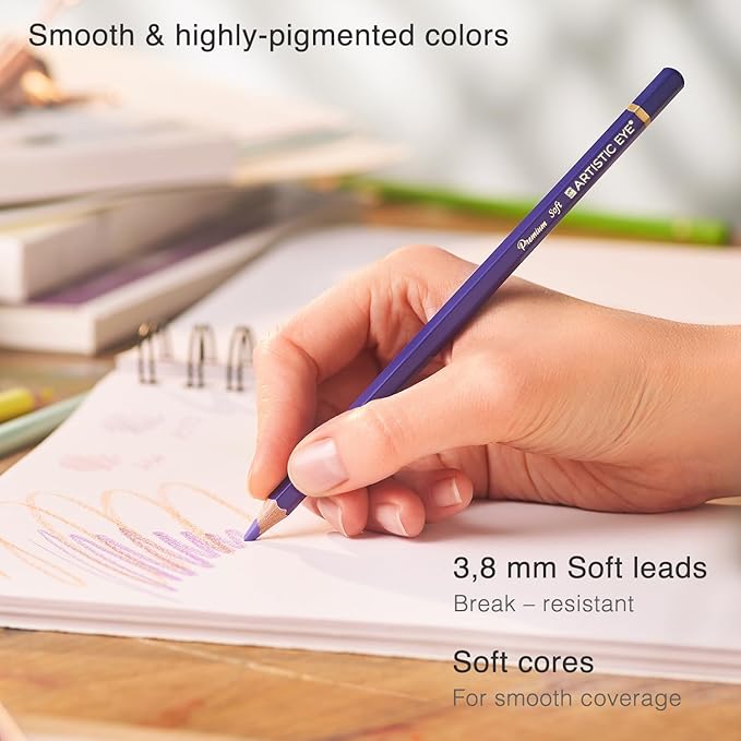 ARTISTIC EYE Premium Colored Pencils | Set of 72, Quality 3.8mm Soft Core Leads, Rich & Vibrant Colors, Blendable, Perfect for Beginner & Advanced Artists