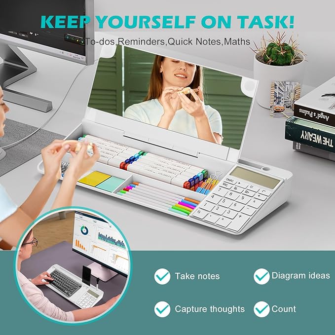 Desktop Glass Whiteboard with Mirror & Calculator(12 Digit LCD Display) & Ruler Marker,Tilted Computer Keyboard Stand with Dry Erase Board Surface, Desk Organizers with Accessories,White