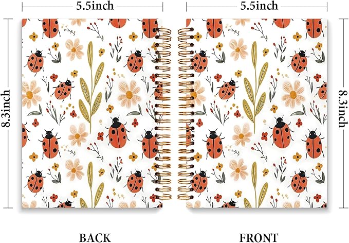 JXREQ Cute Ladybug Floral Notebook Insects Botanical Journal Gifts for Women Note Taking Writing Study, Office School Supplise, Aesthetic Spiral Notebooks 5.5x8.3