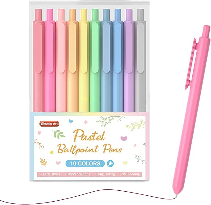 Shuttle Art Ballpoint Pens, 10 Pack Pastel Retractable Colored Ink Ball Point Pens, Cute Pens 1.0mm Medium Point Quick Drying for Writing Journaling Taking Notes School Office Home