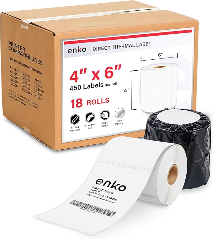 enKo (18 Rolls, 8,100 Labels) 4 x 6 Direct Thermal Address & Shipping Labels Compatible for Zebra 2844 ZP-450 ZP-500 ZP-505, Rollo, Eltron, Neatoscan