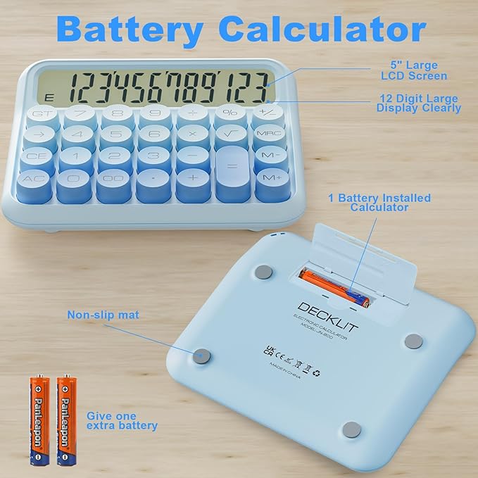 Mechanical Calculator 12 Digit Extra Large 5-Inch LCD Display, DECKLIT Battery Desk Calculator, Big Buttons Easy to Press Use as Office Calculators Desktop, 15°Tilt Screen for Kids Calculator(White)