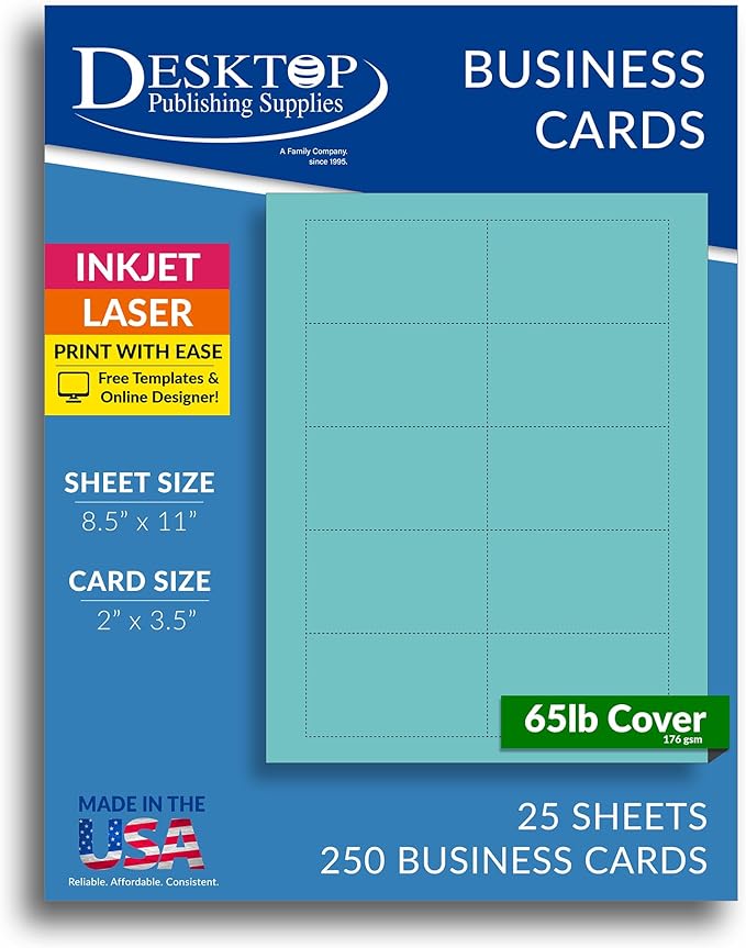 Colored Business Cards - 25 Sheets / 250 Business Cards - Inkjet & Laser - 10 per sheet (Bright Blue)