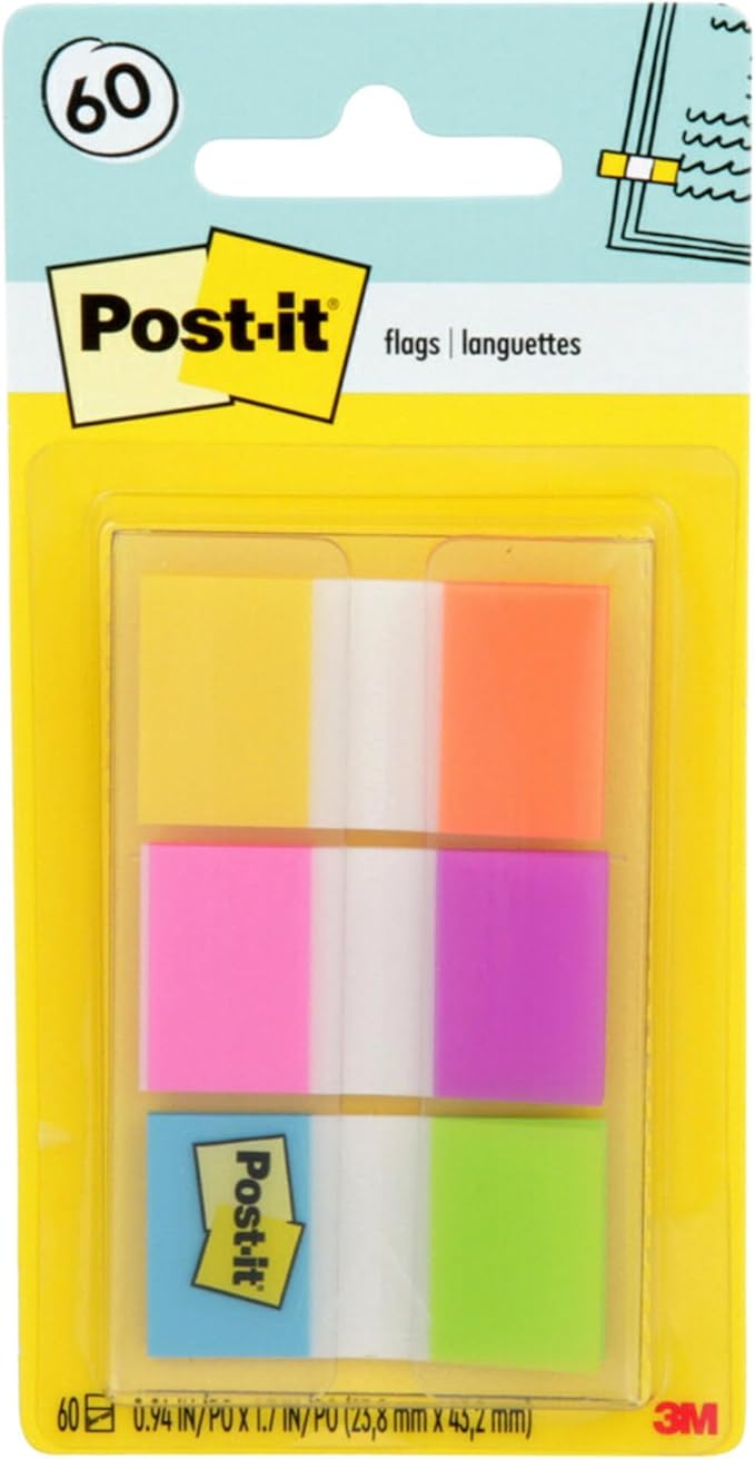 Post-it Flags, 60/On-The-Go Dispenser, .94 in Wide, Alternating Electric Glow Collection (680-EG-ALT)