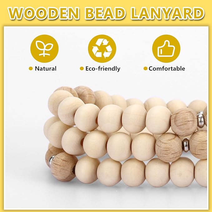 Teacher Lanyard with Id Holder, Cute Lanyards for Id Badges Keys, Retractable Natural Wooden Beaded Lanyard for Women, Gold Teach