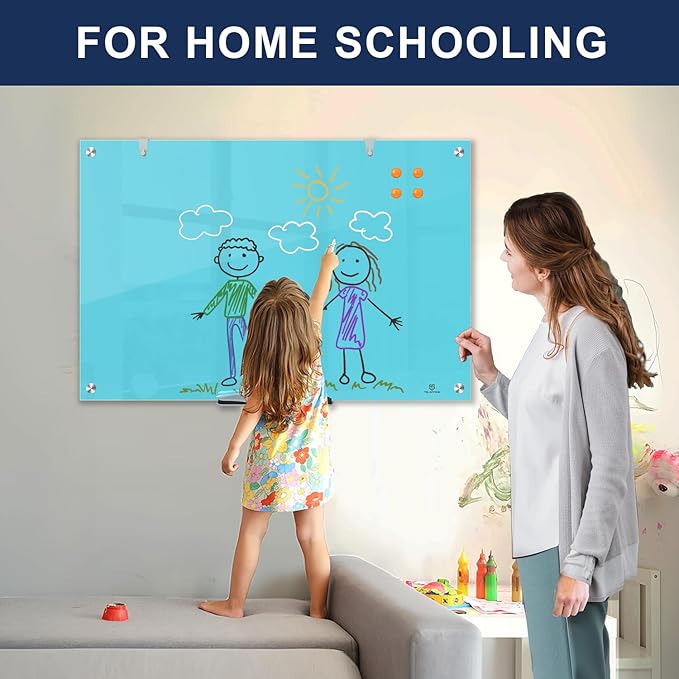 TSJ OFFICE Glass Dry-Erase Board - 36 x 24 Inches Wall Mounted Magnetic Whiteboard, Large Frameless Glass White Board for Office, Home & School, Blue