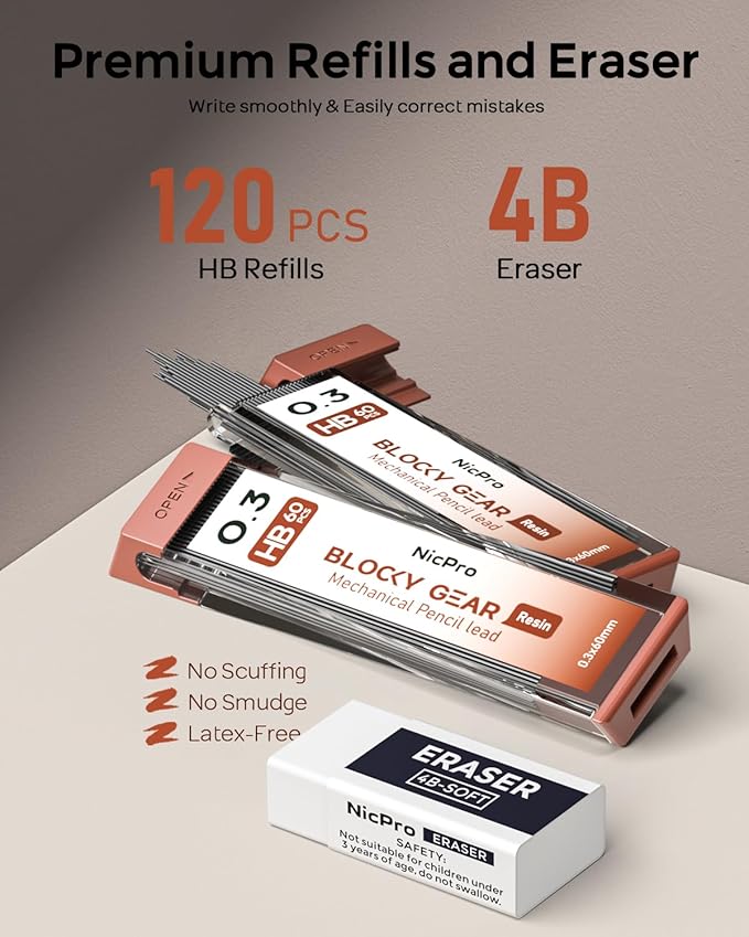 Nicpro Blocky Gear 0.3 mm Mechanical Pencils Set in Case, Metal Pencil with Lead Refills, Eraser for Professional & Adult Art Writing Drafting Drawing