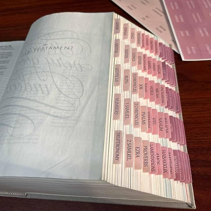 Thinkor Reposition Bible Tabs, Large Print Lanimated Stickers, Easy to Read and Apply Bible Tabs for Women and Man (Four Pink)