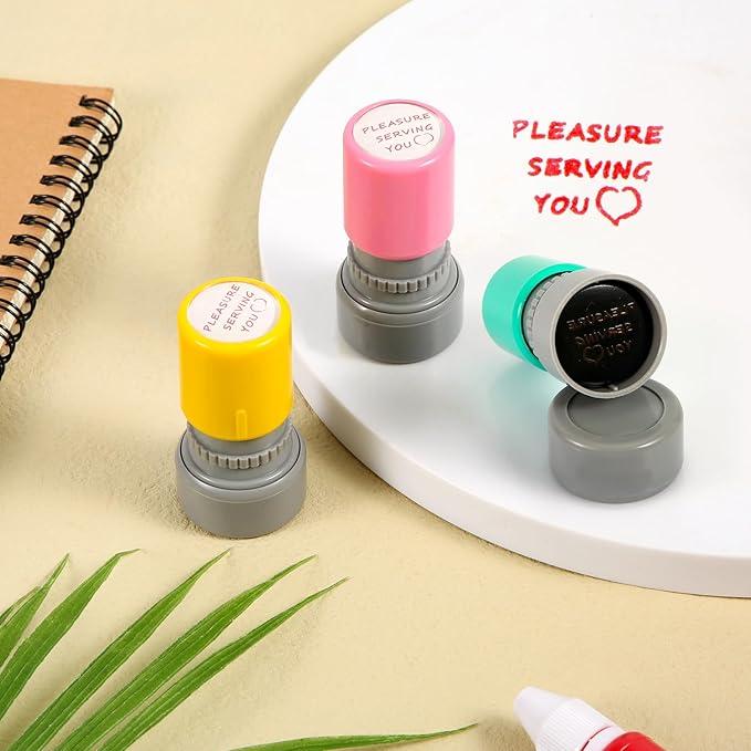 3pcs Pleasure Serving You Stamps, Server Stamps for Checks Stationery Stamp Self Ink Stamp for Service Work (Pink, Green, Yellow)