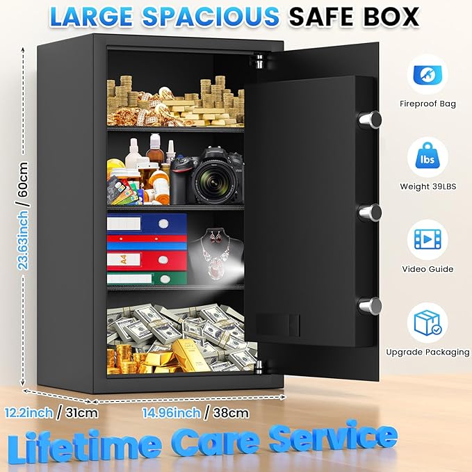 3.8 Cu ft Extra Large Safe Box Fireproof Waterproof, Security Home Safe with Fireproof Bag, LCD Digital Keypad Key Lock and Removable Shelf, Fire Document Safe for Money Medicines Jewelry Valuables