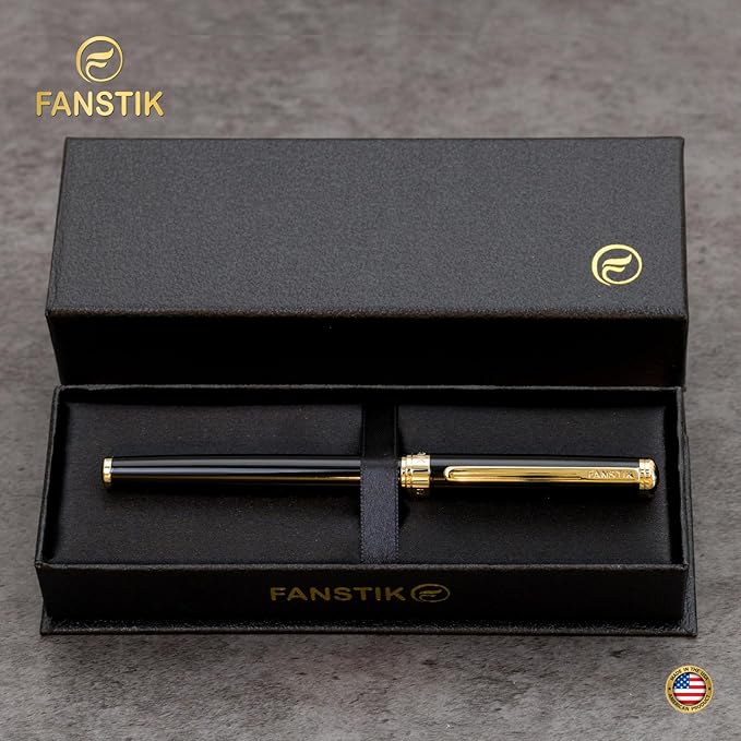 Black & Gold Luxury fountain pen (Made In USA) fancy gift set for women, Real 24K Gold Plating, Professional executive pen gift set for men (Lux fountain Black-Gold)