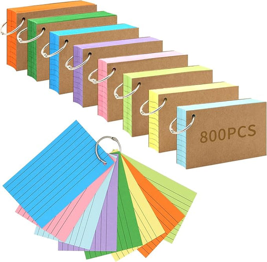 800 PCS Index Cards 3x5 Inches Colored Flash Cards with Ring, Punched Lined Flashcards Ruled Index Cards Notecards Study Cards Heavy Note Cards for Studying, Learning, School, College, Memory