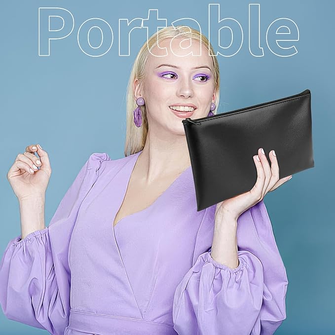 4 Pack Money Bags with Zipper, 11x6.1 Inch PU Leather Cash Pouch, Secure Bank Bag for Coins, Bills, Checks, Invoices, Cosmetics, Tools (Black)