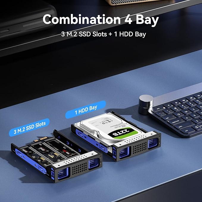 Hybrid 2.5/3.5" SATA HDD/SSD+3* M / B+M Key M.2 NVMe Enclosure with Cooling Fan and USB A/C 3.2 Gen 2 (10Gbps), Hard Drive Enclosure Support 46TB(22TB HDD+3*8TB 2230/2242/2260/2280/22110 SSDs)