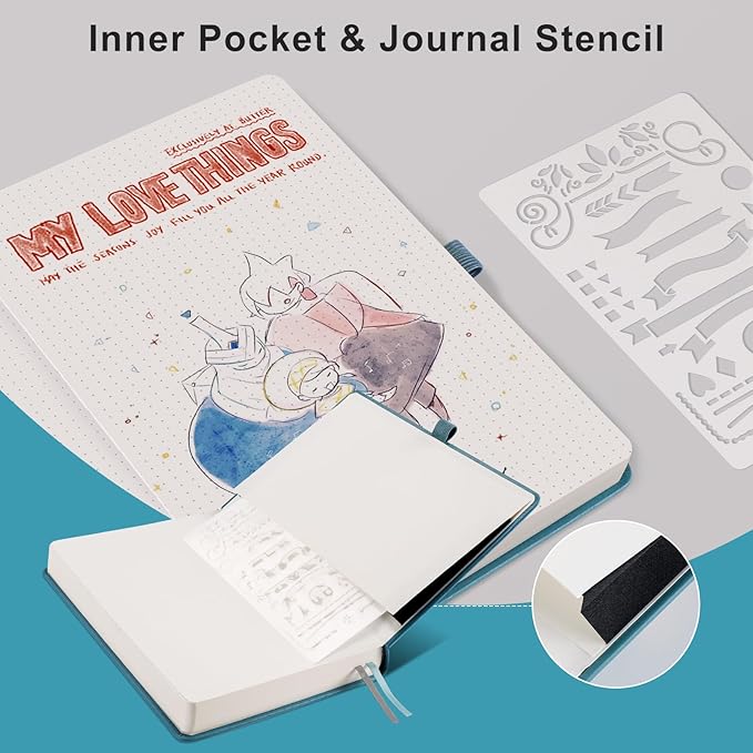 EMSHOI Bullet Dotted Journal Notebook - 320 Pages, 100gsm Thick Paper, A5 Hardcover Leather, Dot Grid Notebook for Women Men Work Writing, Bullet Journaling, Drawing, 5.75 x 8.38, Light Blue