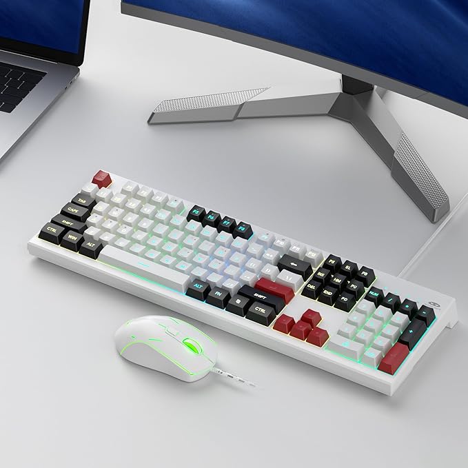 MageGee Creamy Keyboard and Mouse Comb,K2 Classic Keyboard Wired RGB Backlit Keyboard 104 Waterproof Ergonomic Keyboard,PC Keyboard for PC/loptop/MAC - Knight Red