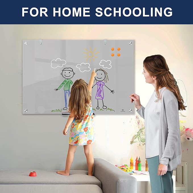 TSJ OFFICE Glass Dry-Erase Board - 36 x 24 Inches Wall Mounted Magnetic Whiteboard, Large Frameless Glass White Board for Office, Home & School, Gray