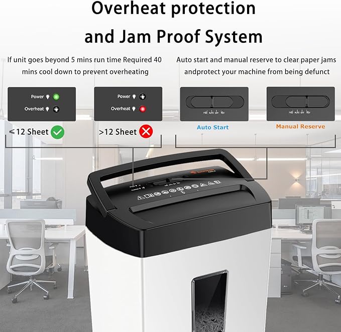 Bonsaii Heavy-Duty Shredder, Up to 12 Sheets, P-4 high Security, Credit Cards, Mail, & Staples, 5.5-Gallon bin with a Transparent Window, Suitable for Heavy-Duty use in Home Offices, White & Black