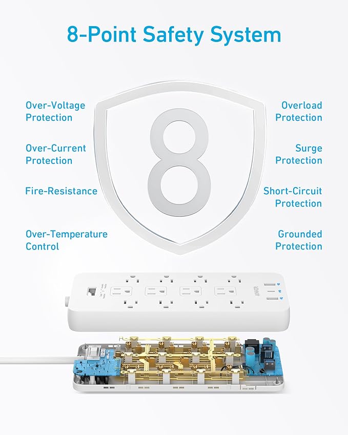 Anker Power Strip with 3 USB Ports, Surge Protector (2100J-5ft), 12 Outlets with 2 USB-A Ports and 1 USB-C Port,Flat Plug, Works with iPhone 16/16 Plus/16 Pro/16 Pro Max,for Home,Office, TUV Listed