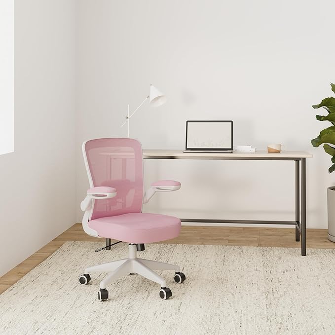FelixKing Office Chair, Ergonomic Desk Chair Breathable Mesh Chairs with Adjustable High Back Lumbar Support Flip-up Armrests, Executive Swivel Comfy Task Computer Chairs for Home Office Pink