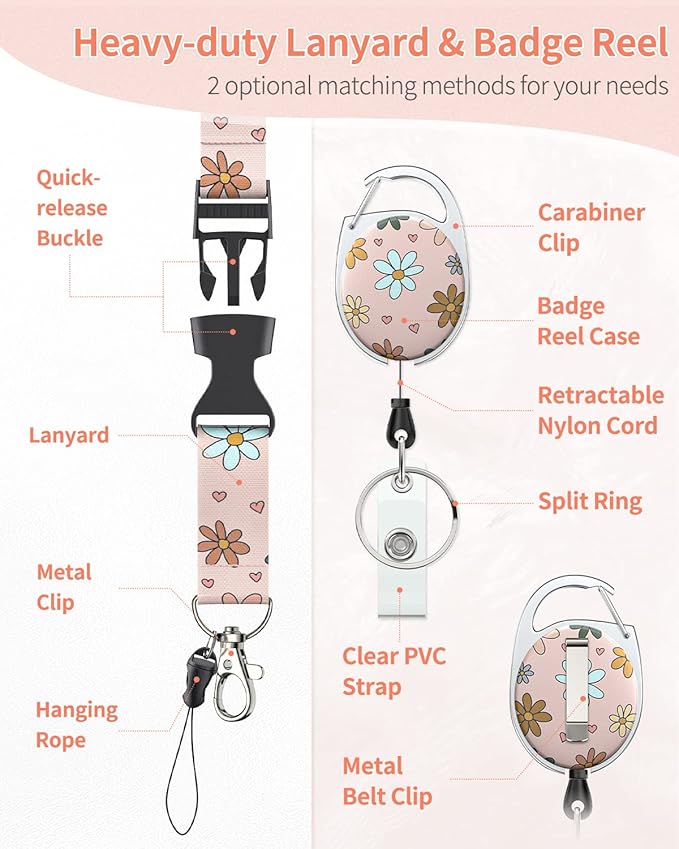 Uniclife Floral Sliding Badge Holder Colorful Flower Plastic Case with Retractable Badge Reel Carabiner Clip and Detachable Lanyard Strap Fashionable Vertical Card Protector for Women Teacher Student