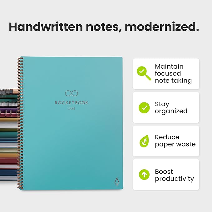 Rocketbook New Core Reusable Spiral Notebook, Letter Size 8.5x11, Teal - Lined Pages, App-Connected, Erasable, Durable Cover, Ideal for School, Work, and Creative Projects (Pack of 1)
