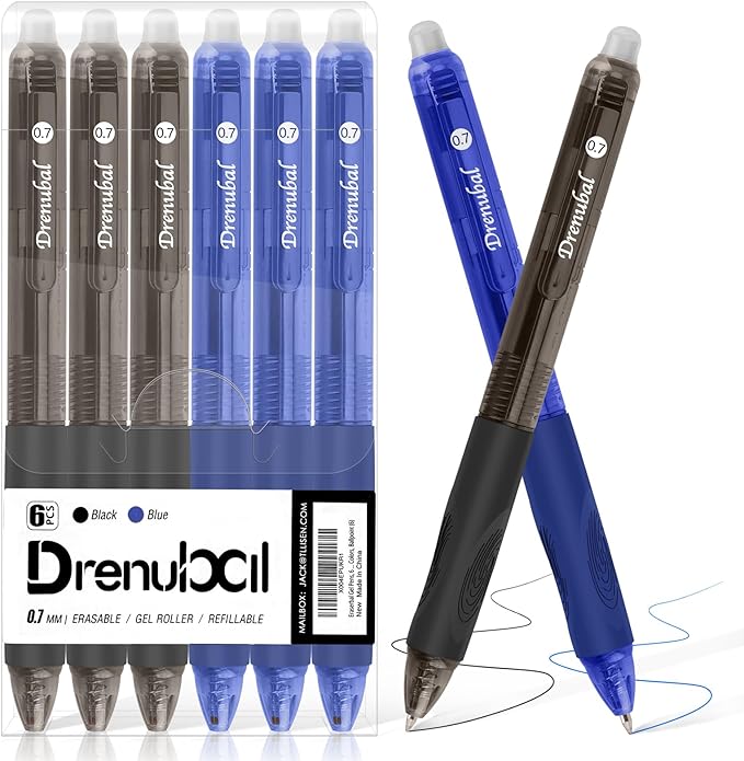 Erasable Pens 0.7mm - Black & Blue Gel Ink, Quick-Drying, Comfort Grip Writing Pens for School, Office, Exams - Gift Set for Students, Kids & Artists