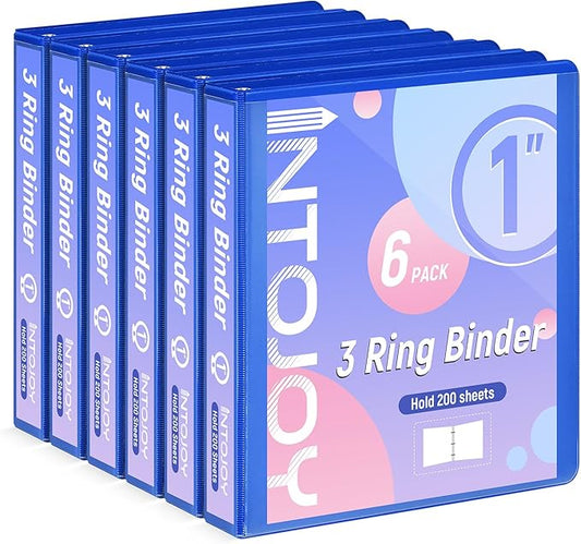 3 Ring Binder 1 Inch, IntoJoy 6 Pack Clear View 3 Hole Binder PVC-Free Fits 8.5x11 Inch Paper Flexible Round Ring Binders for School Office Home Binder Supplies (Blue)
