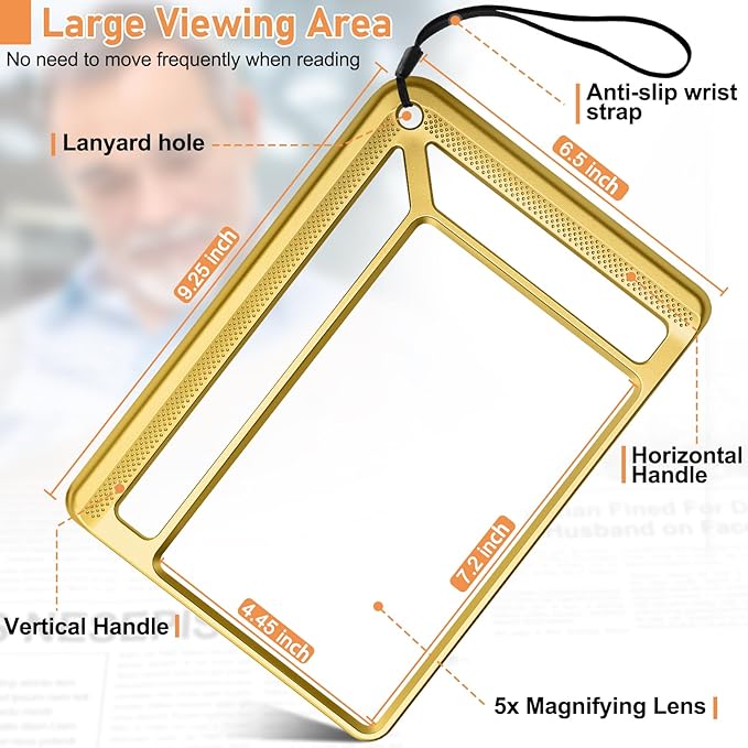 5X Full Page Magnifying Glass for Reading, Lightweight Rectangular Magnifier Provides Large Book Page Viewing Area, Handheld Magnifier for Reading Small Prints for Seniors, Low Vision-Gold