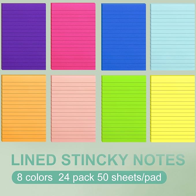 24 Pack Lined Sticky Notes 4X6 in Self Sticky Note Pads Colorful Post Stickies for Office, Home, School, Meeting, 50 Sheets/pad, (Bright Color)